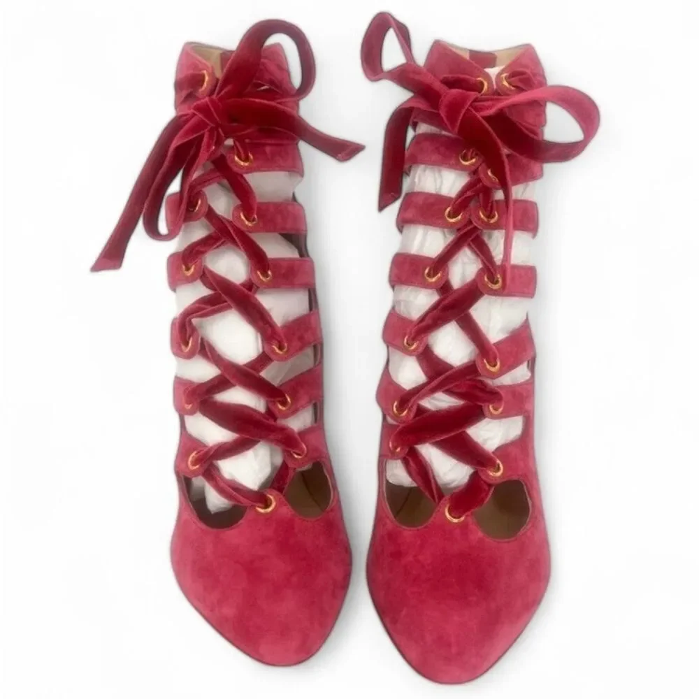 NEW CHRISTIAN LOUBOUTIN Spinetita Loulou Pink Lace-Up Booties Size EU36.5